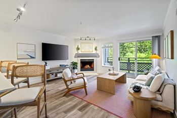 A living room with a fireplace and a television.